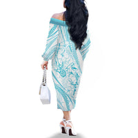 Sharks Couple Dreamy Polynesians Floral Sea Family Matching Off The Shoulder Long Sleeve Dress and Hawaiian Shirt Turquoise - Polynesian Pride