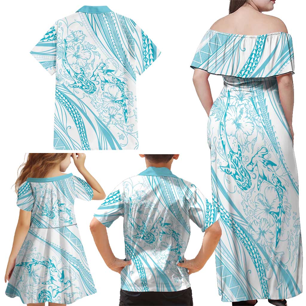 Sharks Couple Dreamy Polynesians Floral Sea Family Matching Off Shoulder Maxi Dress and Hawaiian Shirt Turquoise - Polynesian Pride
