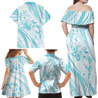 Sharks Couple Dreamy Polynesians Floral Sea Family Matching Off Shoulder Maxi Dress and Hawaiian Shirt Turquoise - Polynesian Pride