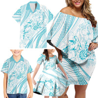 Sharks Couple Dreamy Polynesians Floral Sea Family Matching Off Shoulder Short Dress and Hawaiian Shirt Turquoise - Polynesian Pride