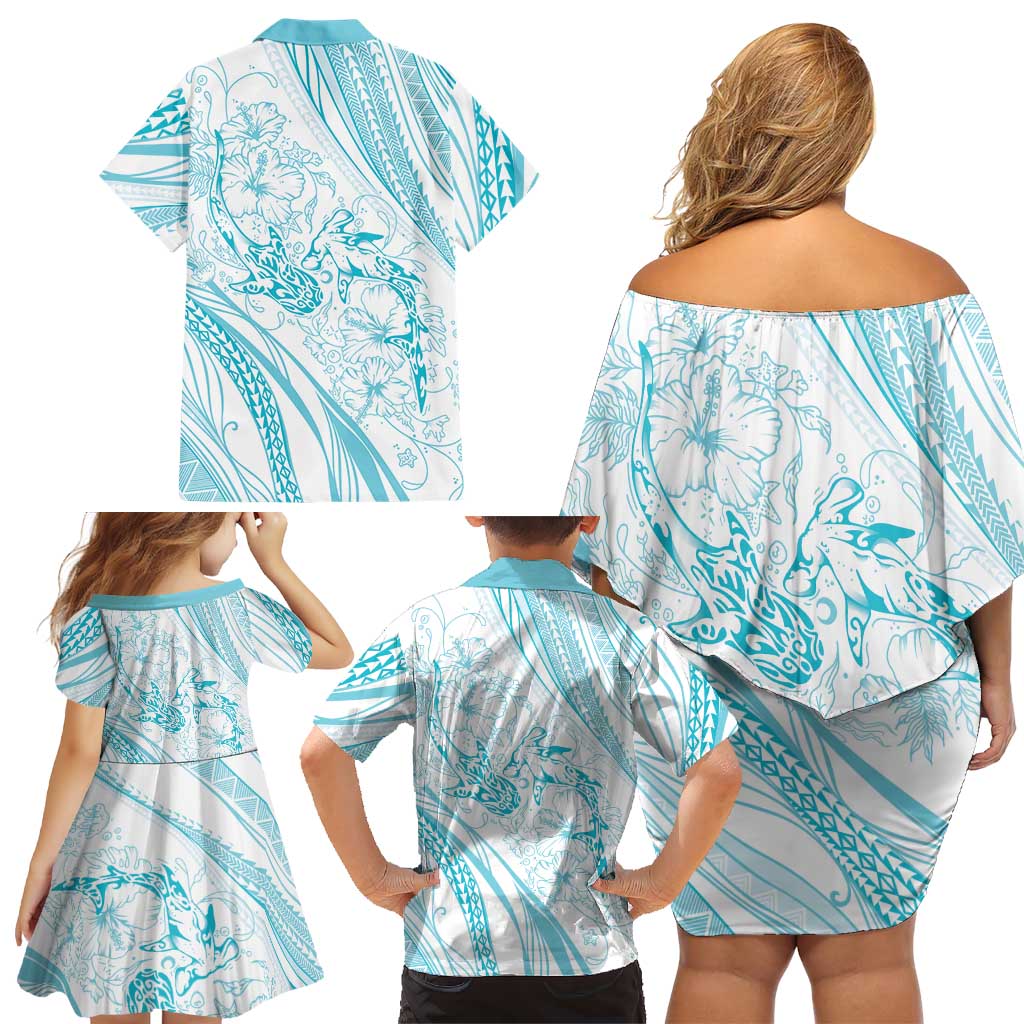 Sharks Couple Dreamy Polynesians Floral Sea Family Matching Off Shoulder Short Dress and Hawaiian Shirt Turquoise - Polynesian Pride