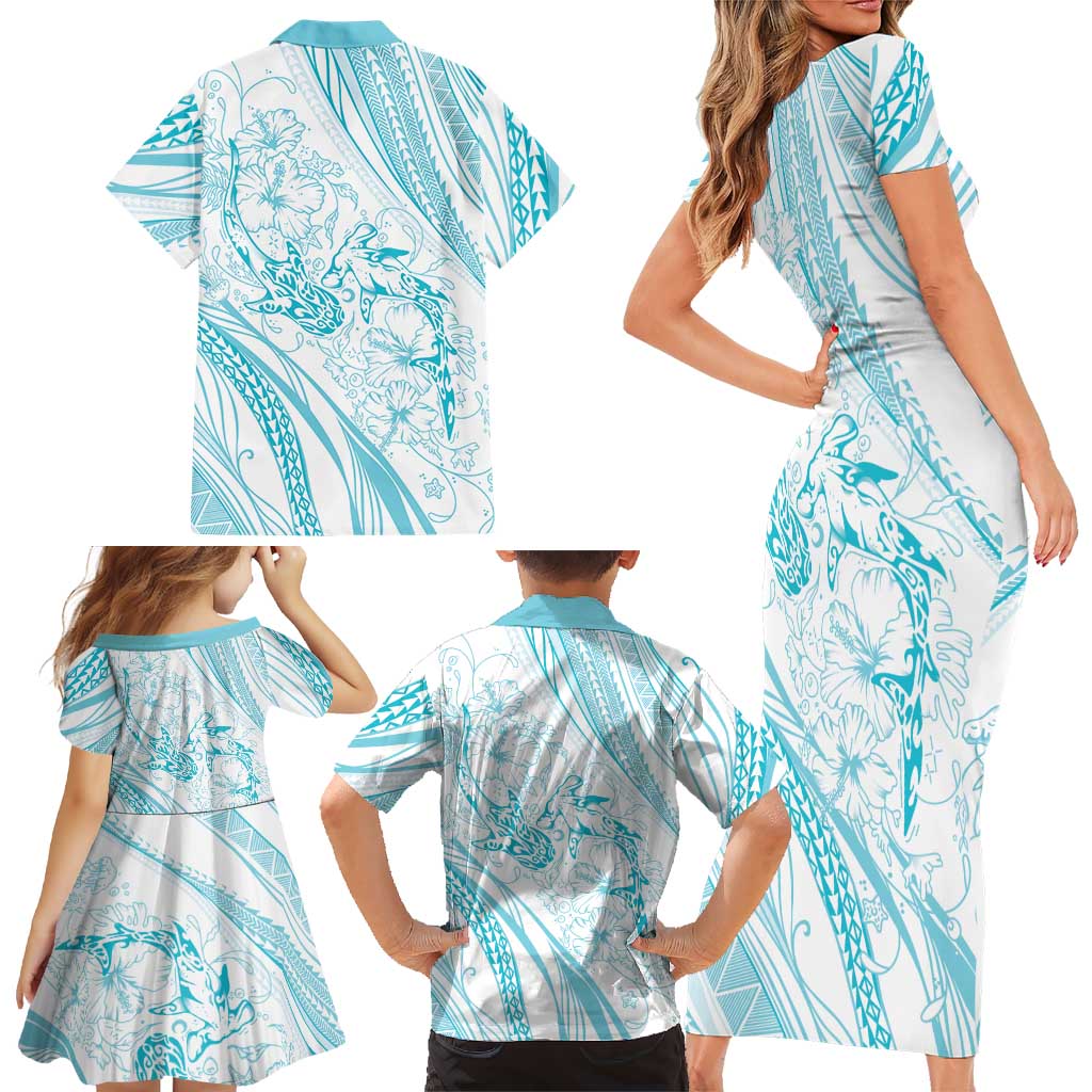Sharks Couple Dreamy Polynesians Floral Sea Family Matching Short Sleeve Bodycon Dress and Hawaiian Shirt Turquoise - Polynesian Pride