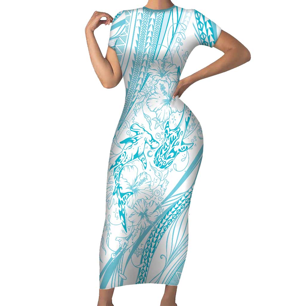 Sharks Couple Dreamy Polynesians Floral Sea Family Matching Short Sleeve Bodycon Dress and Hawaiian Shirt Turquoise - Polynesian Pride