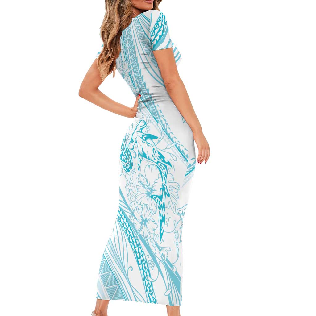 Sharks Couple Dreamy Polynesians Floral Sea Family Matching Short Sleeve Bodycon Dress and Hawaiian Shirt Turquoise - Polynesian Pride