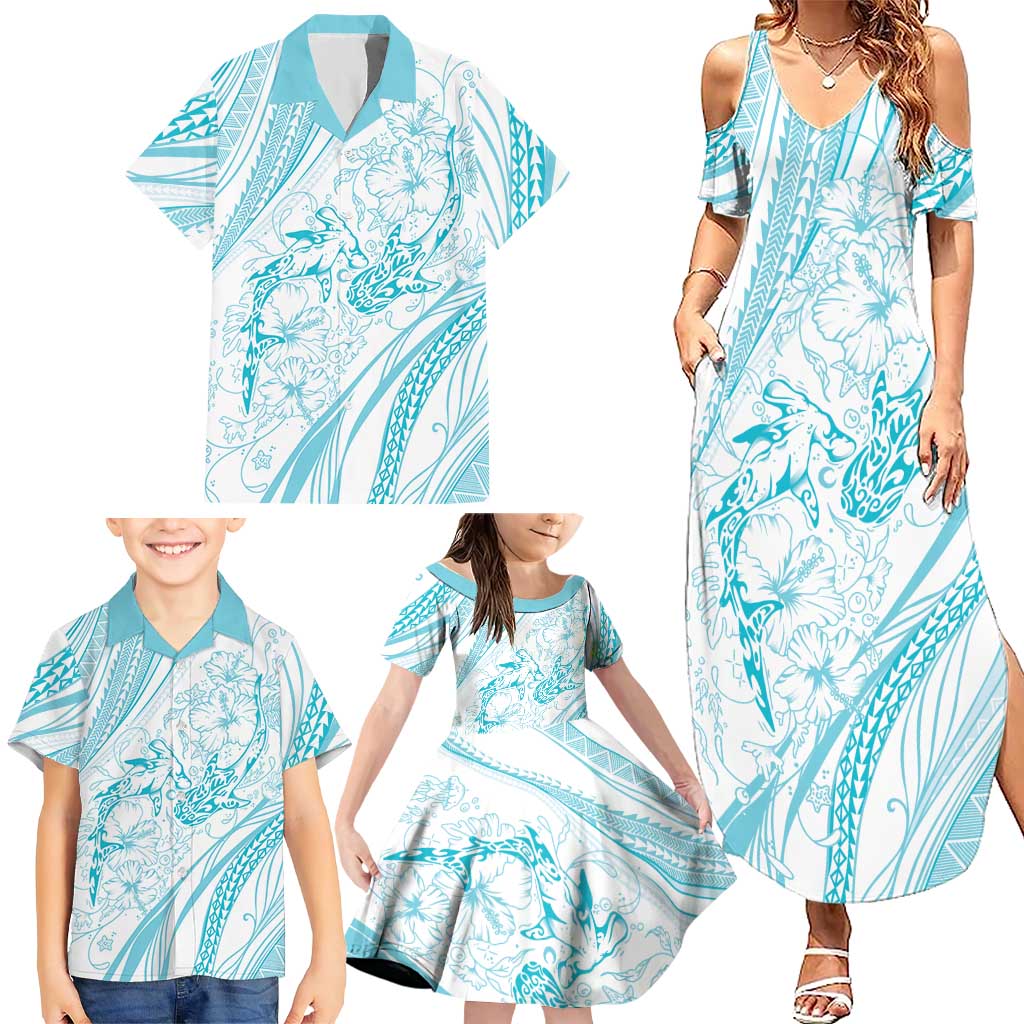 Sharks Couple Dreamy Polynesians Floral Sea Family Matching Summer Maxi Dress and Hawaiian Shirt Turquoise - Polynesian Pride