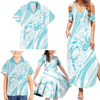 Sharks Couple Dreamy Polynesians Floral Sea Family Matching Summer Maxi Dress and Hawaiian Shirt Turquoise - Polynesian Pride