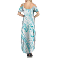 Sharks Couple Dreamy Polynesians Floral Sea Family Matching Summer Maxi Dress and Hawaiian Shirt Turquoise - Polynesian Pride