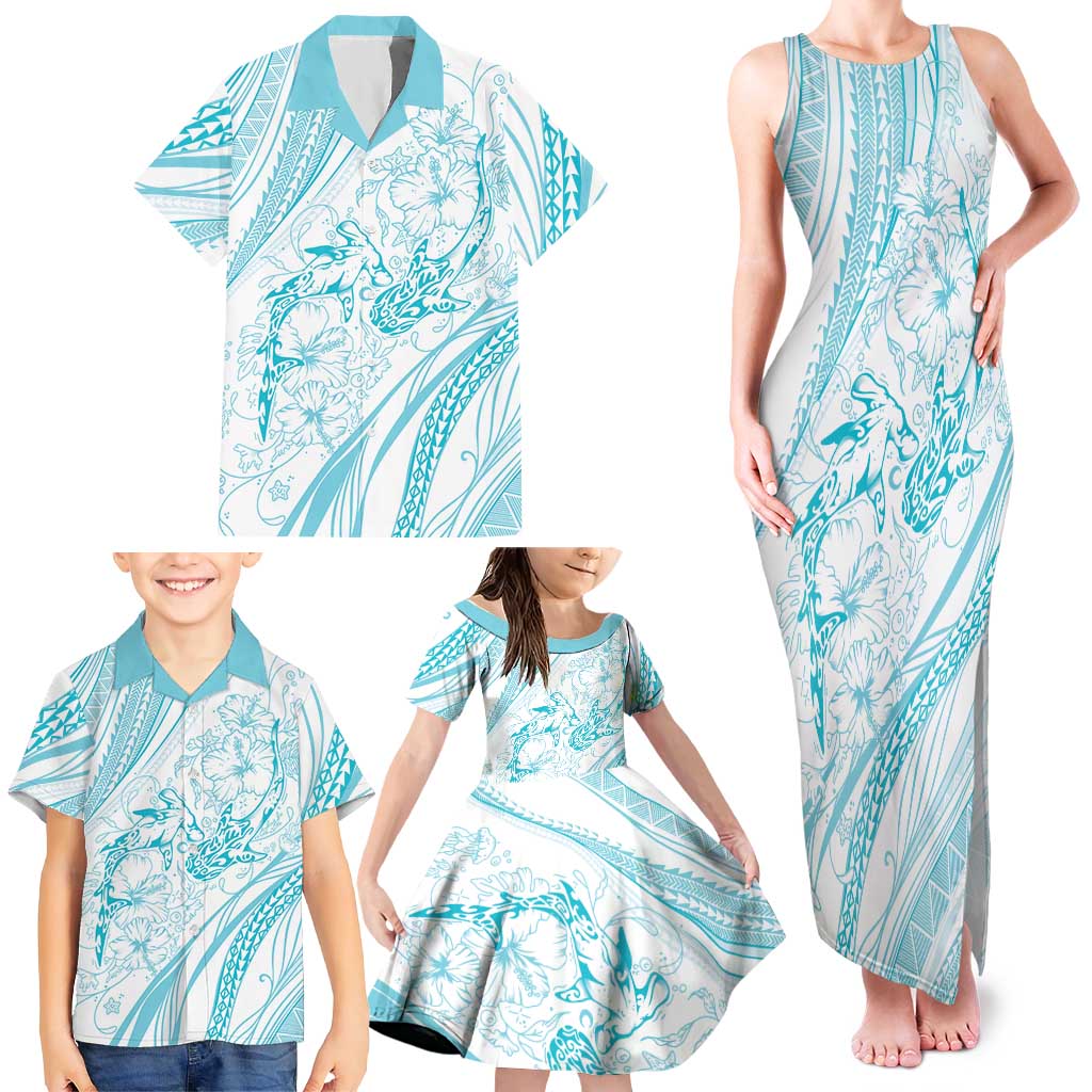 Sharks Couple Dreamy Polynesians Floral Sea Family Matching Tank Maxi Dress and Hawaiian Shirt Turquoise LT7 - Polynesian Pride
