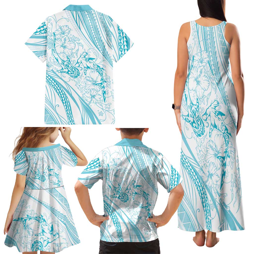Sharks Couple Dreamy Polynesians Floral Sea Family Matching Tank Maxi Dress and Hawaiian Shirt Turquoise LT7 - Polynesian Pride