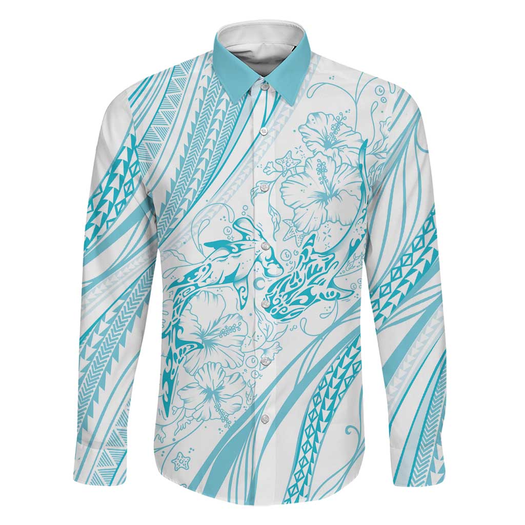 Sharks Couple Dreamy Polynesians Floral Sea Family Matching Tank Maxi Dress and Hawaiian Shirt Turquoise LT7 Dad's Shirt - Long Sleeve Turquoise - Polynesian Pride