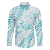 Sharks Couple Dreamy Polynesians Floral Sea Family Matching Tank Maxi Dress and Hawaiian Shirt Turquoise LT7 Dad's Shirt - Long Sleeve Turquoise - Polynesian Pride