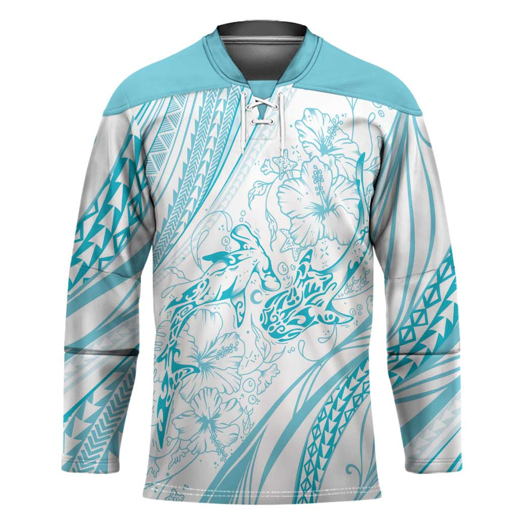 Sharks Couple Dreamy Polynesians Floral Sea Hockey Jersey Turquoise - Polynesian Pride