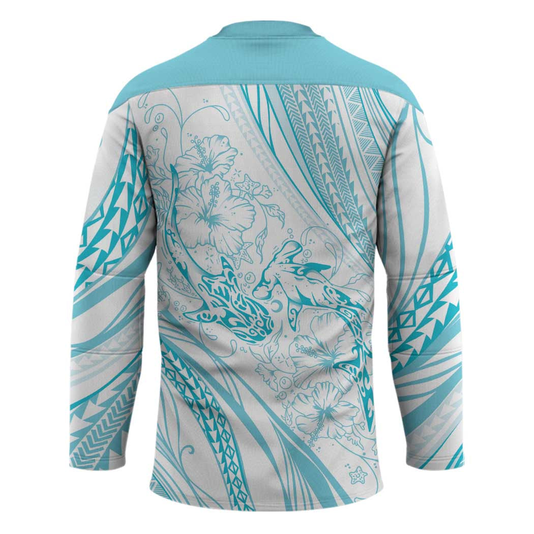 Sharks Couple Dreamy Polynesians Floral Sea Hockey Jersey Turquoise LT7 - Polynesian Pride