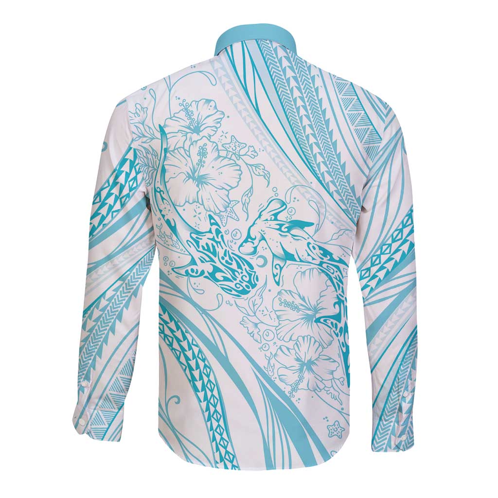 Sharks Couple Dreamy Polynesians Floral Sea Long Sleeve Button Shirt Turquoise - Polynesian Pride