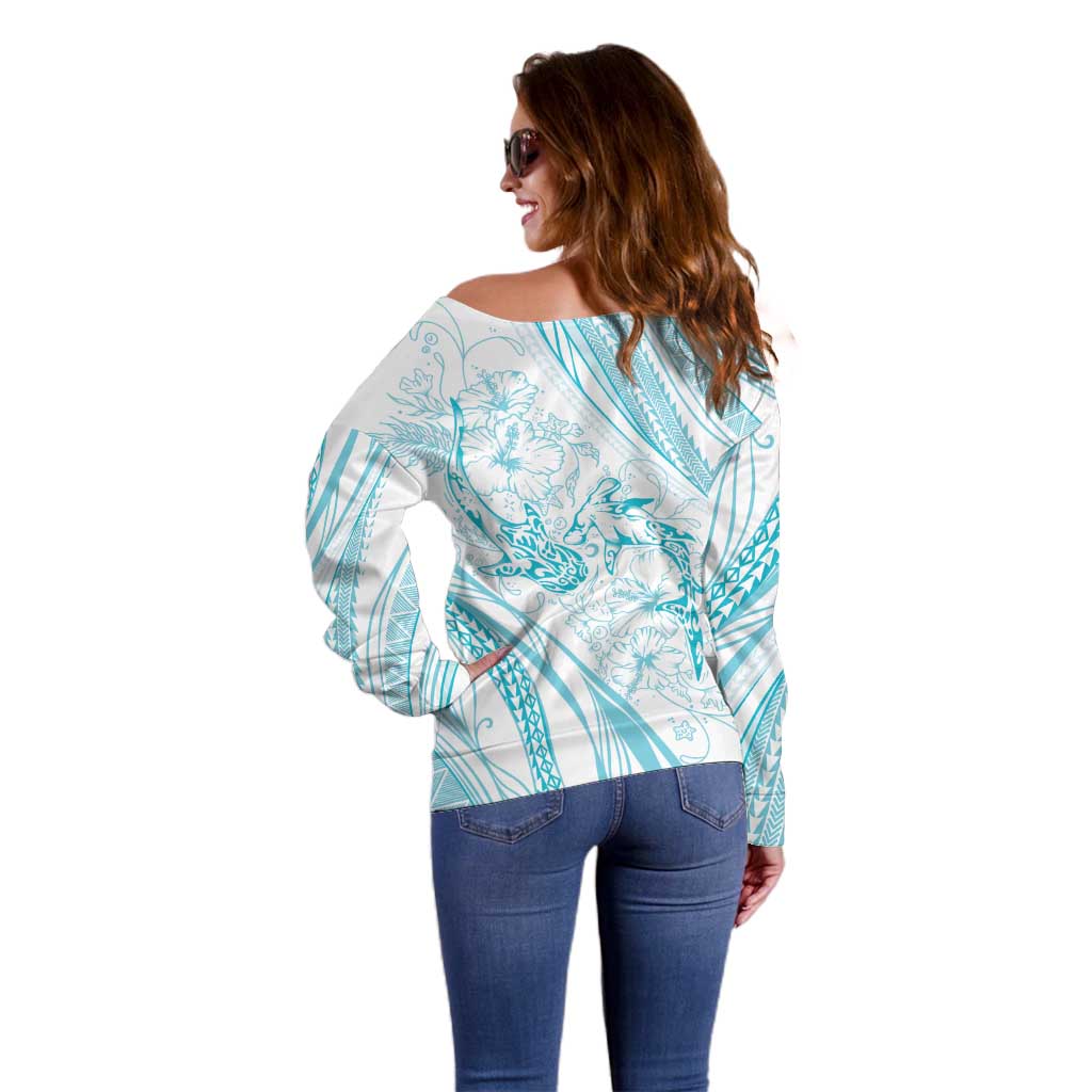 Sharks Couple Dreamy Polynesians Floral Sea Off Shoulder Sweater Turquoise - Polynesian Pride