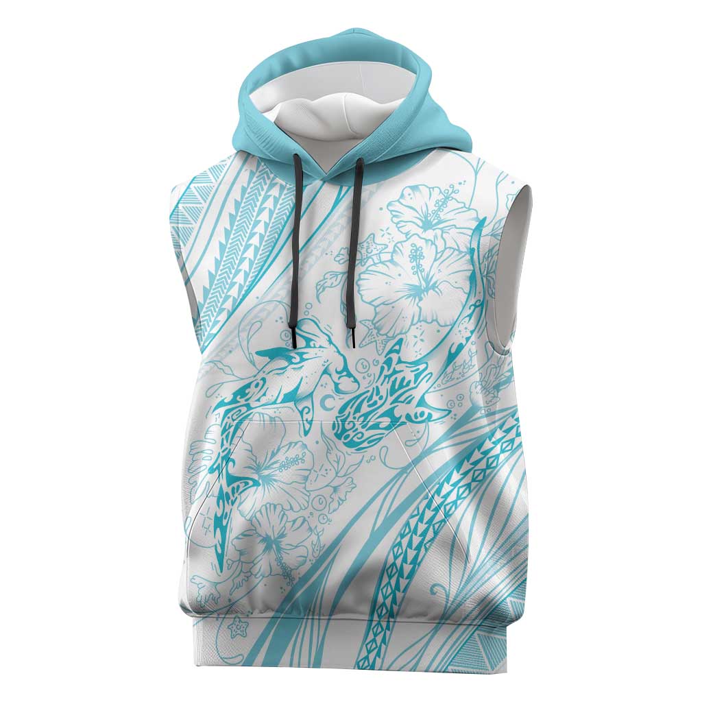 Sharks Couple Dreamy Polynesians Floral Sea Sleeveless Hoodie Turquoise - Polynesian Pride