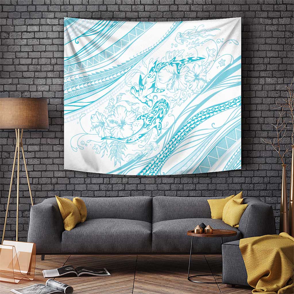 Sharks Couple Dreamy Polynesians Floral Sea Tapestry Turquoise - Polynesian Pride