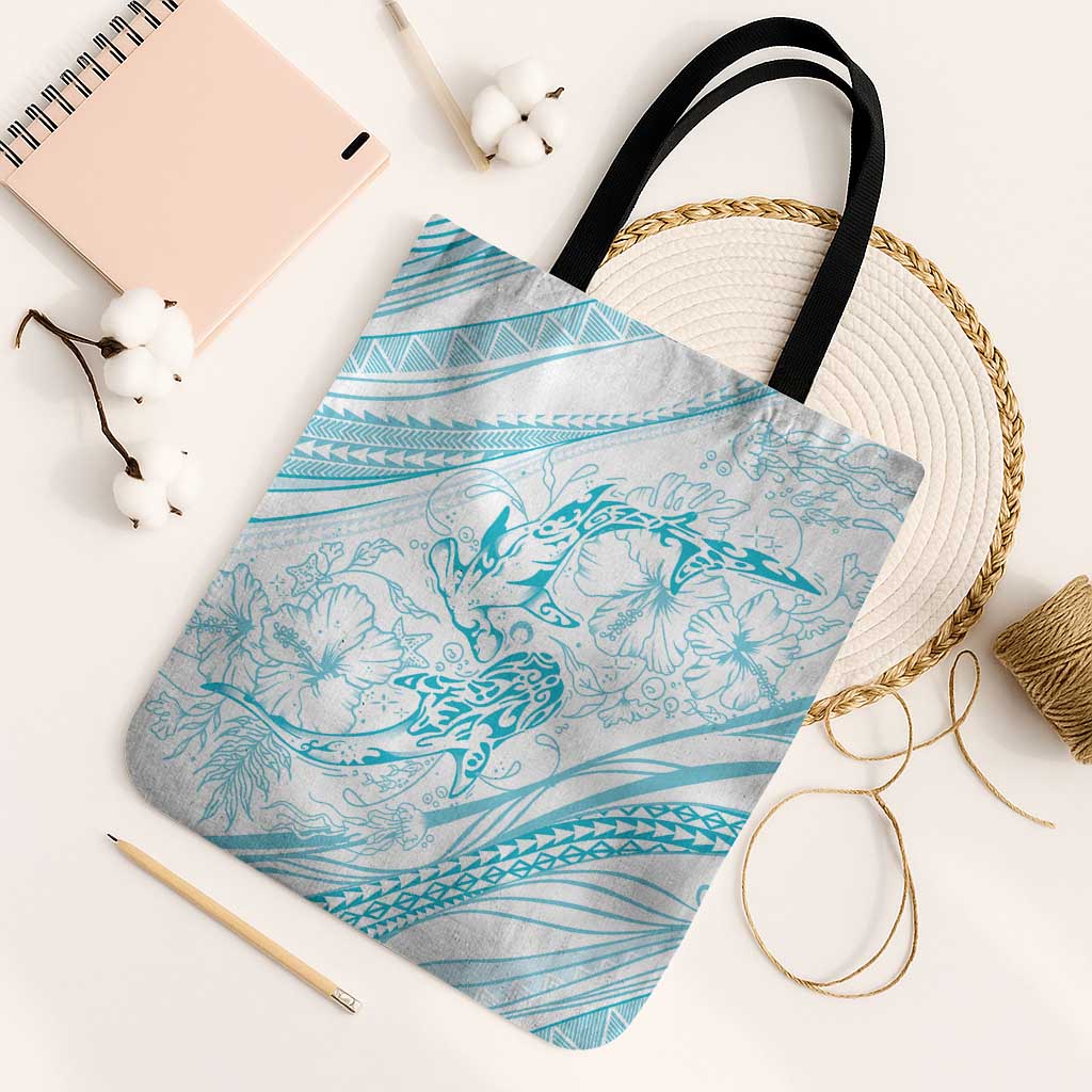 Sharks Couple Dreamy Polynesians Floral Sea Tote Bag Turquoise LT7 Black Strap One Size Turquoise - Polynesian Pride