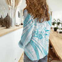 Sharks Couple Dreamy Polynesians Floral Sea Women Casual Shirt Turquoise - Polynesian Pride