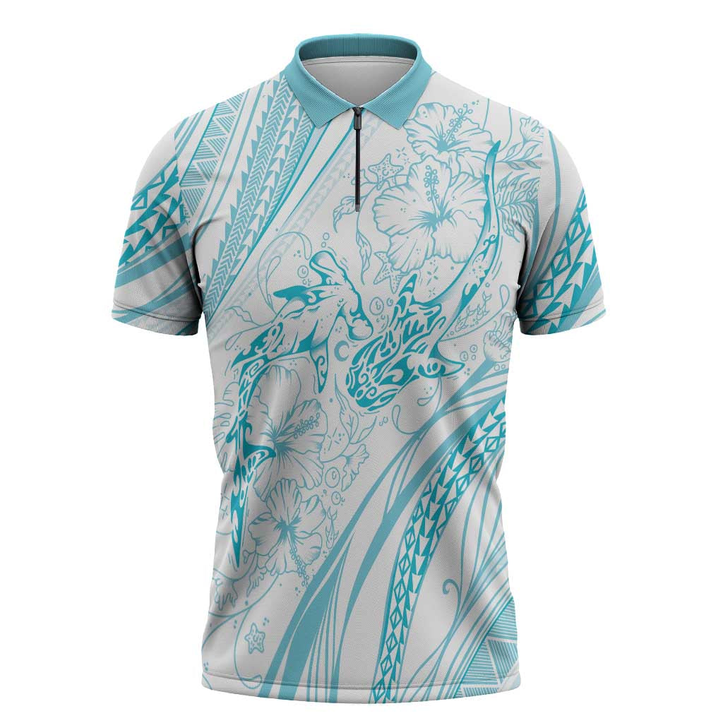 Sharks Couple Dreamy Polynesians Floral Sea Zipper Polo Shirt Turquoise - Polynesian Pride