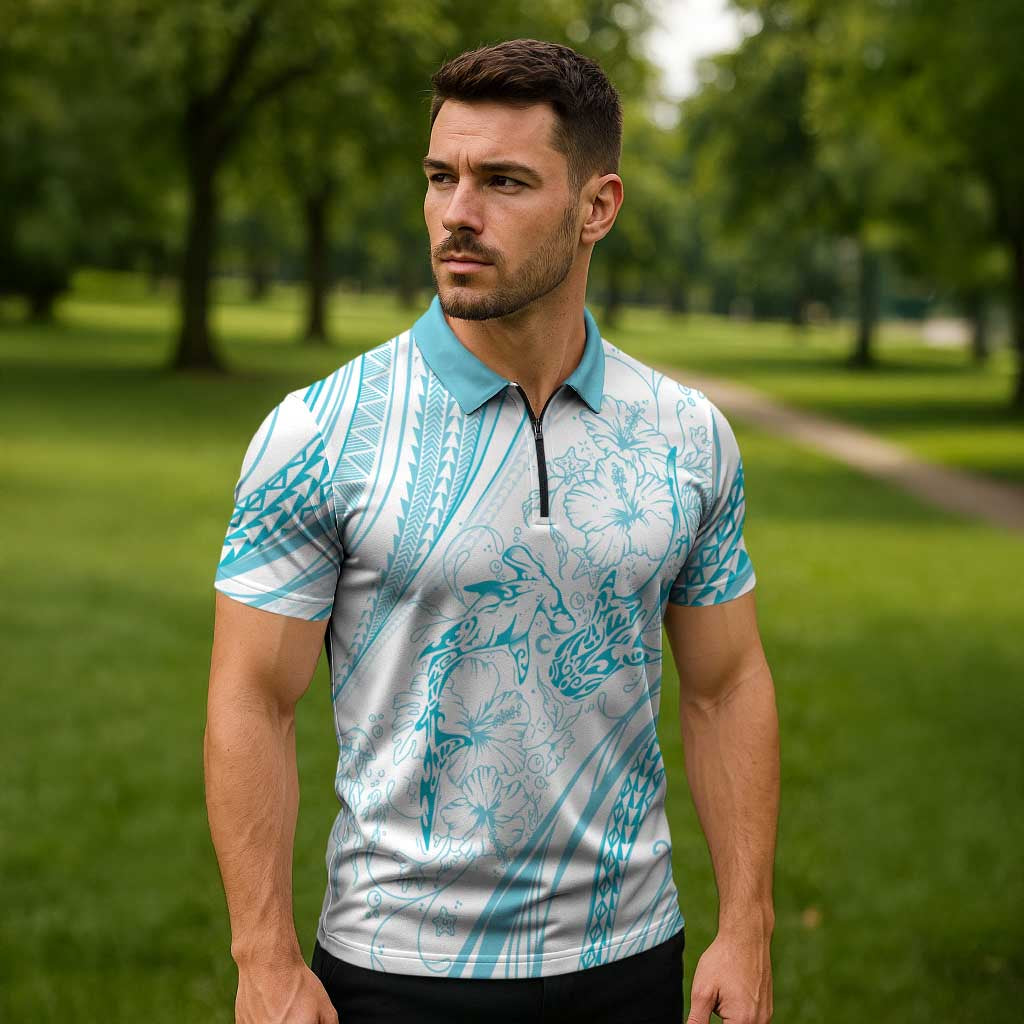 Sharks Couple Dreamy Polynesians Floral Sea Zipper Polo Shirt Turquoise - Polynesian Pride