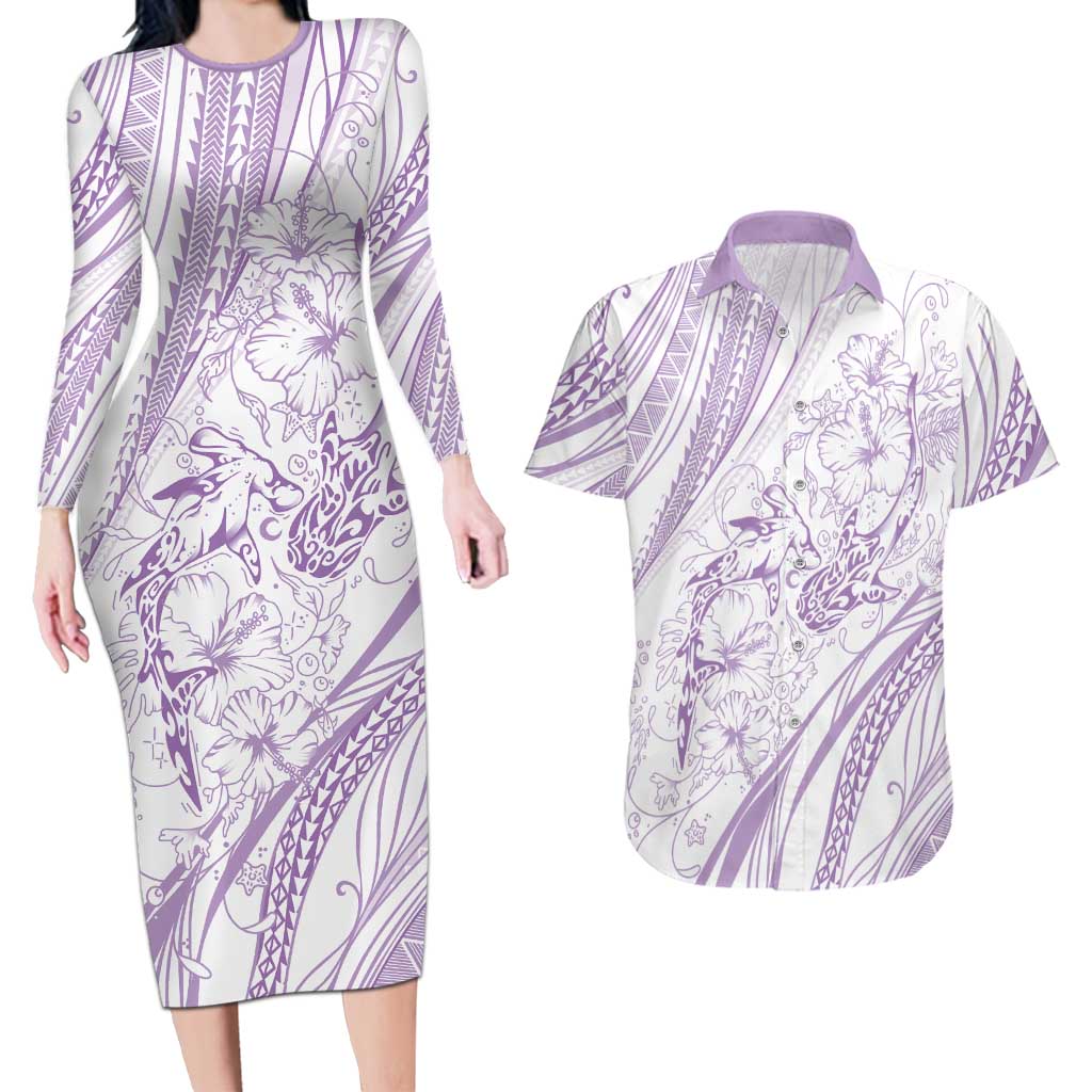 Sharks Couple Dreamy Polynesians Floral Sea Couples Matching Long Sleeve Bodycon Dress and Hawaiian Shirt Lilac - Polynesian Pride