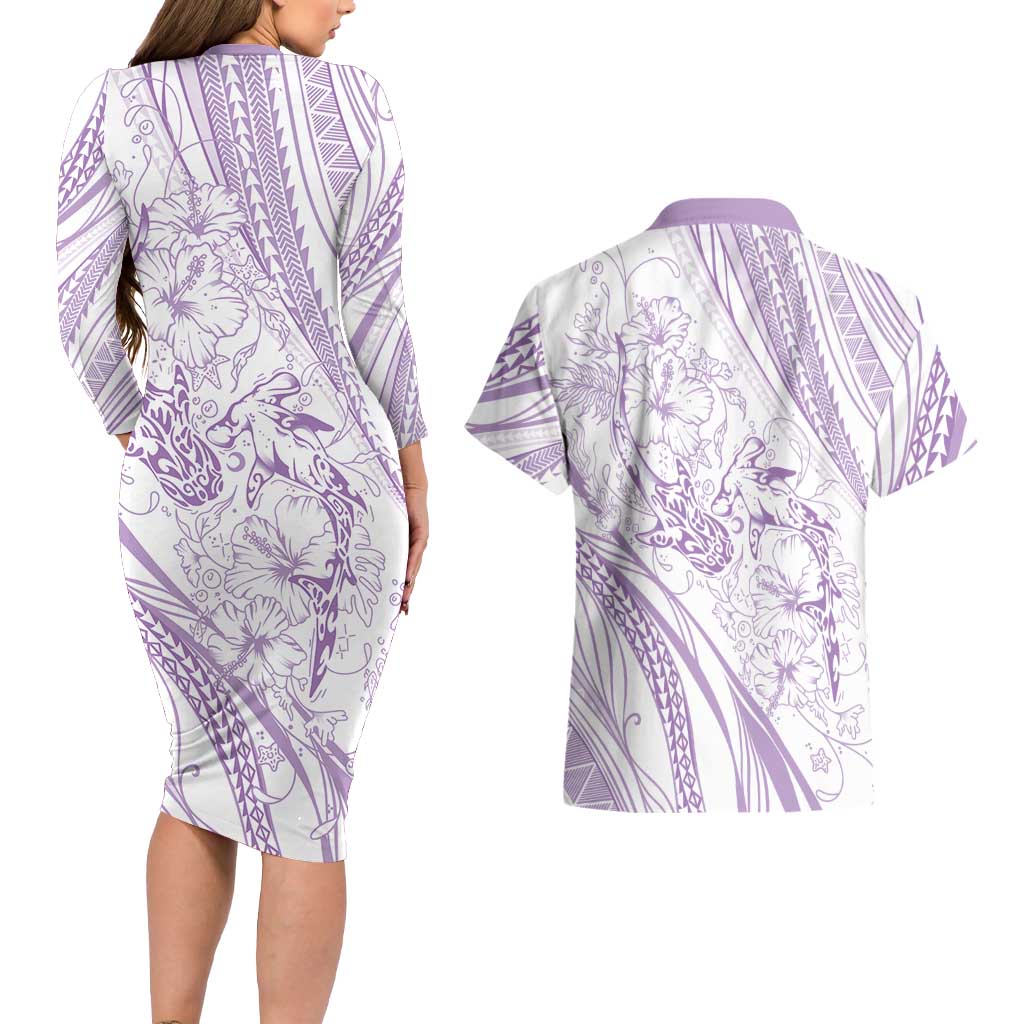 Sharks Couple Dreamy Polynesians Floral Sea Couples Matching Long Sleeve Bodycon Dress and Hawaiian Shirt Lilac - Polynesian Pride