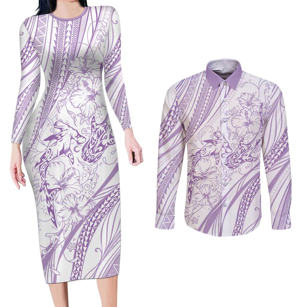 Sharks Couple Dreamy Polynesians Floral Sea Couples Matching Long Sleeve Bodycon Dress and Long Sleeve Button Shirt Lilac - Polynesian Pride
