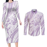 Sharks Couple Dreamy Polynesians Floral Sea Couples Matching Long Sleeve Bodycon Dress and Long Sleeve Button Shirt Lilac - Polynesian Pride