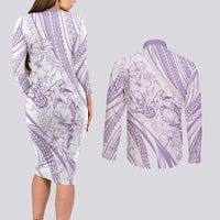 Sharks Couple Dreamy Polynesians Floral Sea Couples Matching Long Sleeve Bodycon Dress and Long Sleeve Button Shirt Lilac - Polynesian Pride