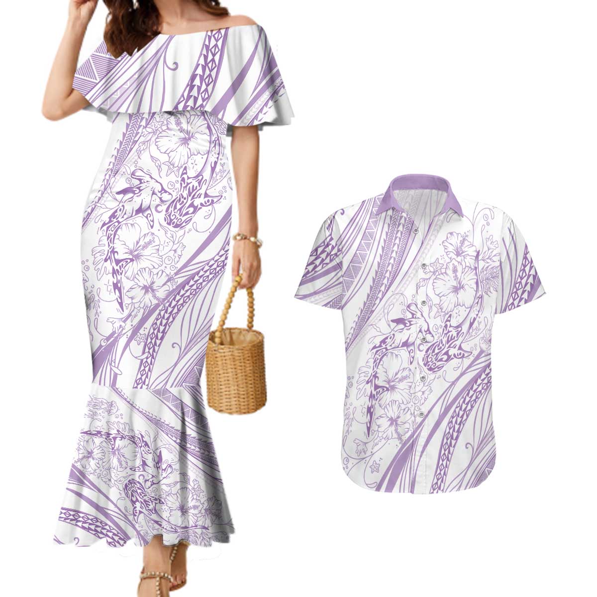 Sharks Couple Dreamy Polynesians Floral Sea Couples Matching Mermaid Dress and Hawaiian Shirt Lilac LT7 Lilac - Polynesian Pride