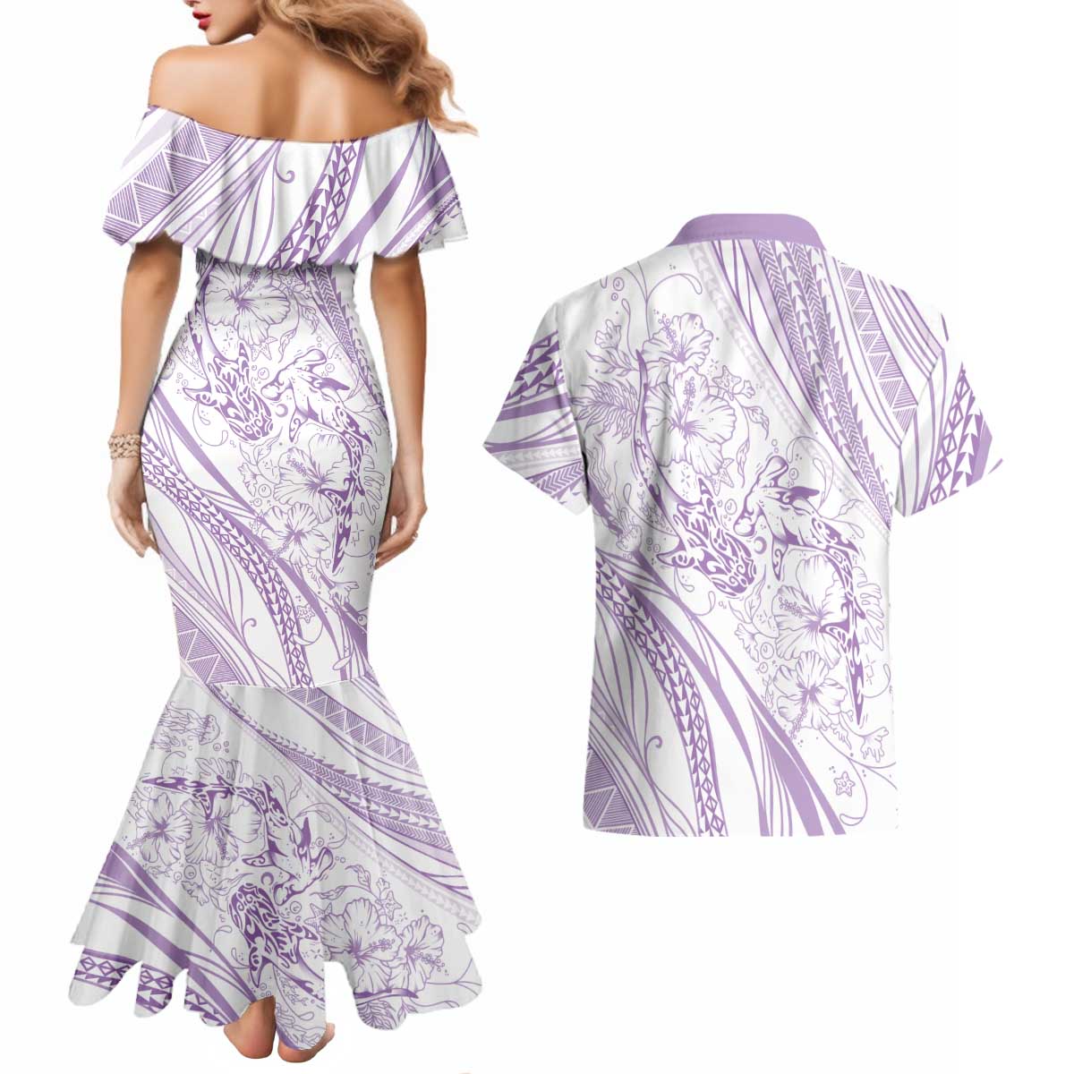 Sharks Couple Dreamy Polynesians Floral Sea Couples Matching Mermaid Dress and Hawaiian Shirt Lilac LT7 - Polynesian Pride