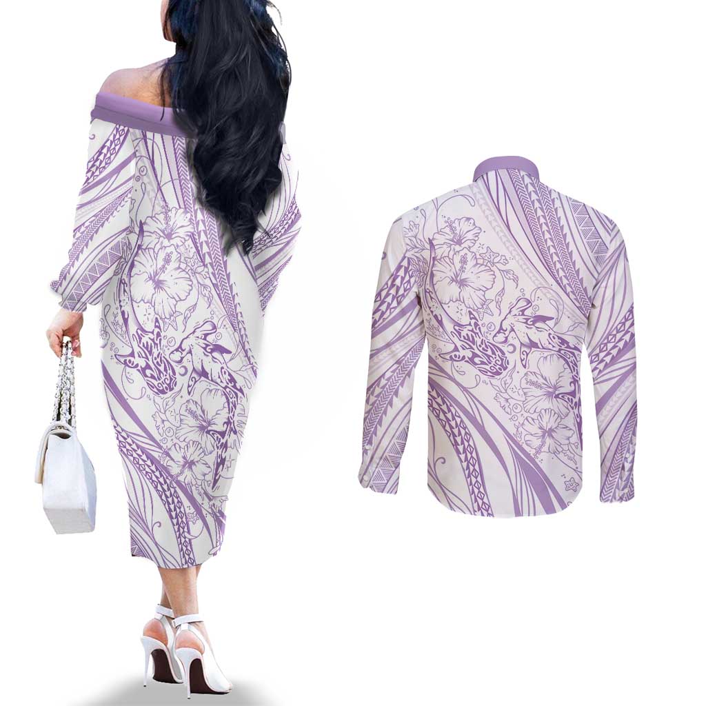 Sharks Couple Dreamy Polynesians Floral Sea Couples Matching Off The Shoulder Long Sleeve Dress and Long Sleeve Button Shirt Lilac - Polynesian Pride