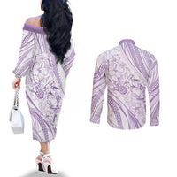 Sharks Couple Dreamy Polynesians Floral Sea Couples Matching Off The Shoulder Long Sleeve Dress and Long Sleeve Button Shirt Lilac - Polynesian Pride