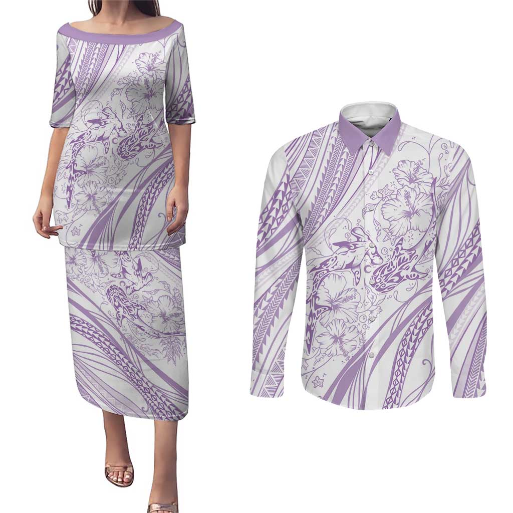 Sharks Couple Dreamy Polynesians Floral Sea Couples Matching Puletasi and Long Sleeve Button Shirt Lilac - Polynesian Pride