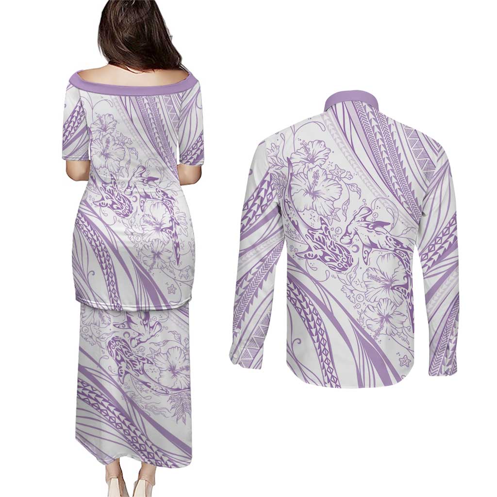 Sharks Couple Dreamy Polynesians Floral Sea Couples Matching Puletasi and Long Sleeve Button Shirt Lilac - Polynesian Pride