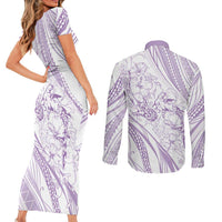 Sharks Couple Dreamy Polynesians Floral Sea Couples Matching Short Sleeve Bodycon Dress and Long Sleeve Button Shirt Lilac - Polynesian Pride