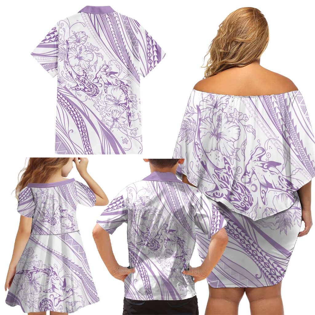 Sharks Couple Dreamy Polynesians Floral Sea Family Matching Off Shoulder Short Dress and Hawaiian Shirt Lilac - Polynesian Pride