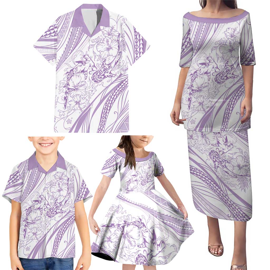 Sharks Couple Dreamy Polynesians Floral Sea Family Matching Puletasi and Hawaiian Shirt Lilac - Polynesian Pride