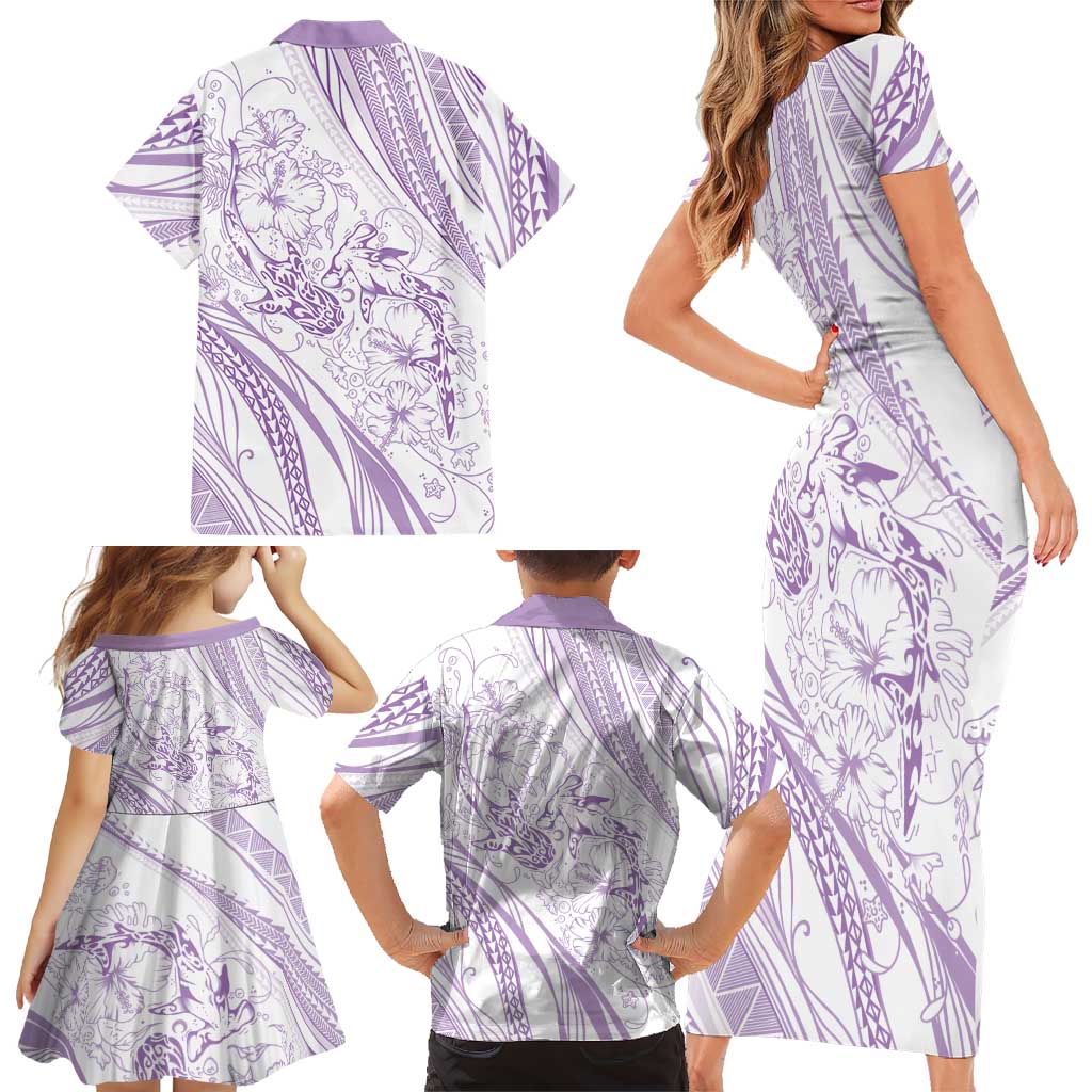 Sharks Couple Dreamy Polynesians Floral Sea Family Matching Short Sleeve Bodycon Dress and Hawaiian Shirt Lilac - Polynesian Pride