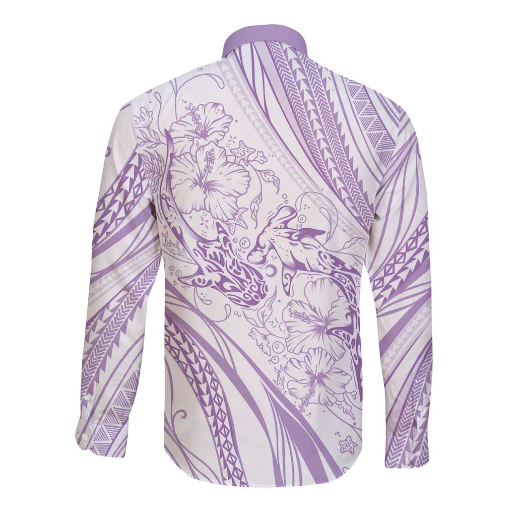Sharks Couple Dreamy Polynesians Floral Sea Long Sleeve Button Shirt Lilac - Polynesian Pride