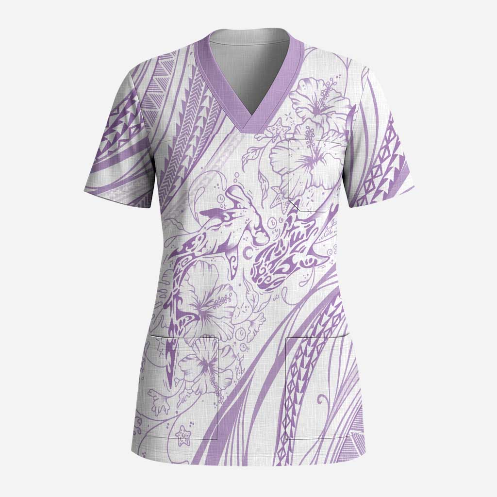 Sharks Couple Dreamy Polynesians Floral Sea Scrub Top Lilac - Polynesian Pride