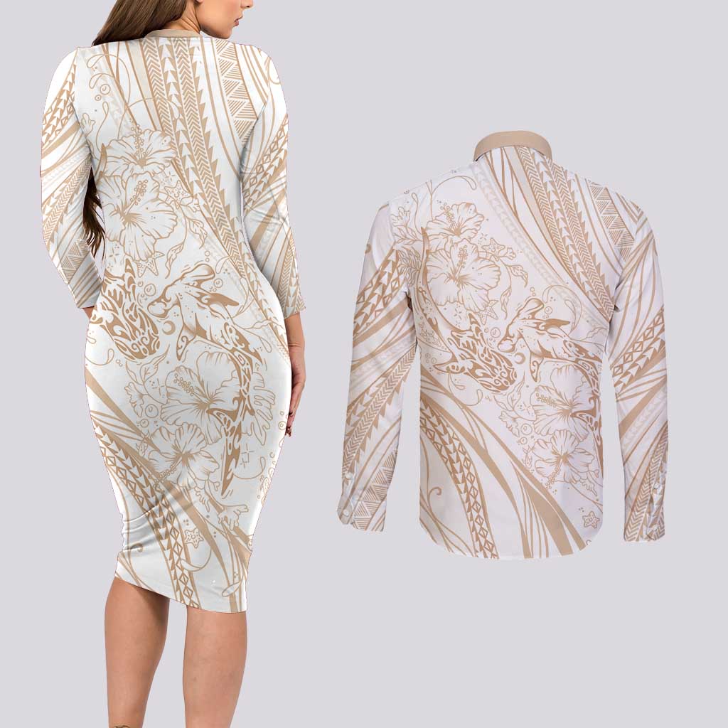 Sharks Couple Dreamy Polynesians Floral Sea Couples Matching Long Sleeve Bodycon Dress and Long Sleeve Button Shirt Hazel - Polynesian Pride