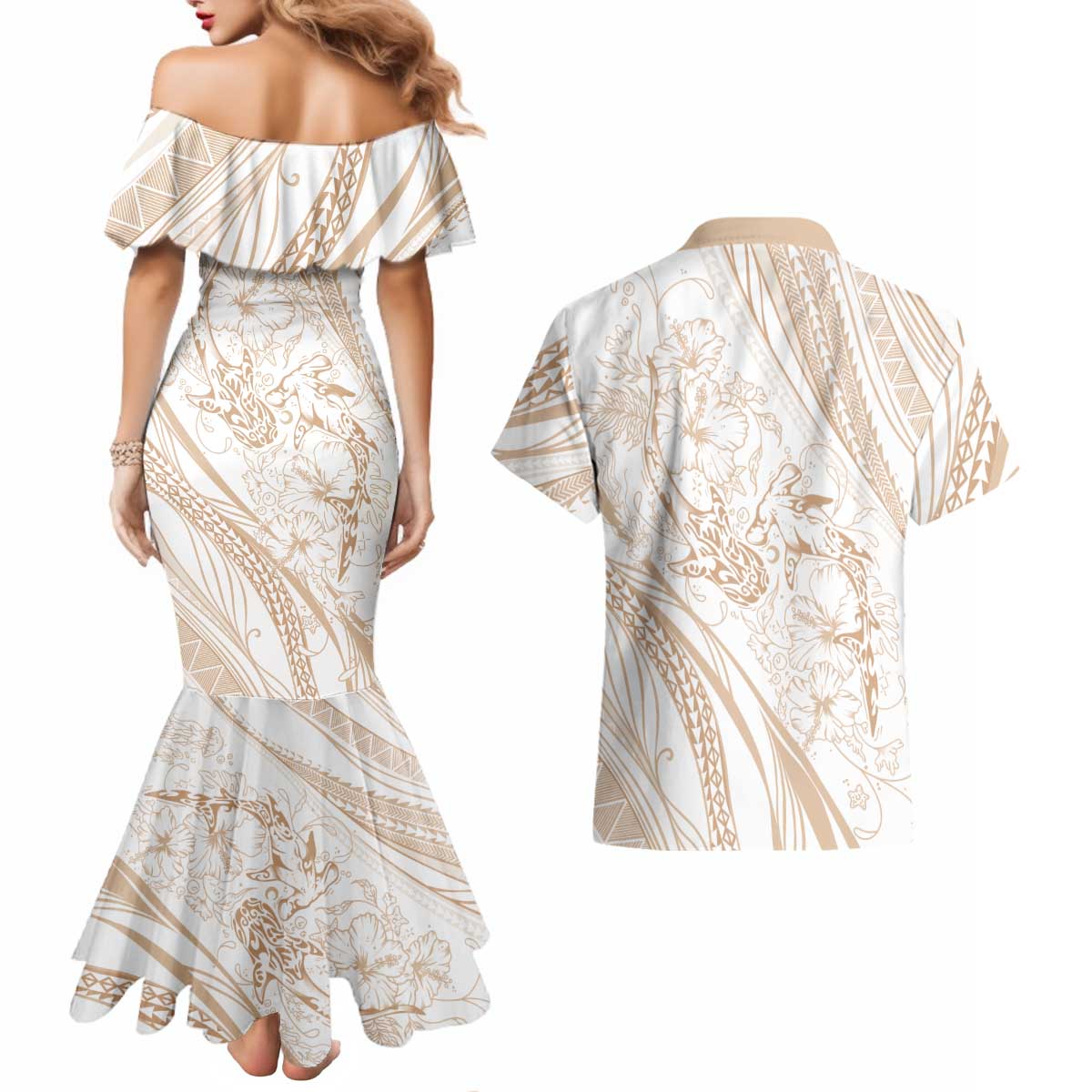 Sharks Couple Dreamy Polynesians Floral Sea Couples Matching Mermaid Dress and Hawaiian Shirt Hazel - Polynesian Pride