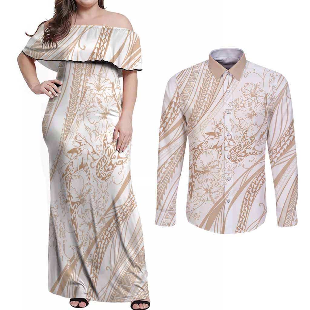 Sharks Couple Dreamy Polynesians Floral Sea Couples Matching Off Shoulder Maxi Dress and Long Sleeve Button Shirt Hazel - Polynesian Pride