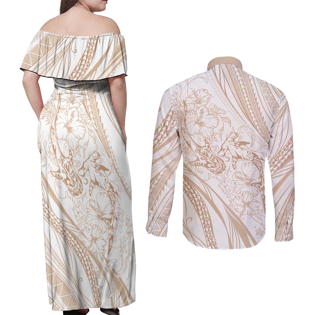 Sharks Couple Dreamy Polynesians Floral Sea Couples Matching Off Shoulder Maxi Dress and Long Sleeve Button Shirt Hazel - Polynesian Pride
