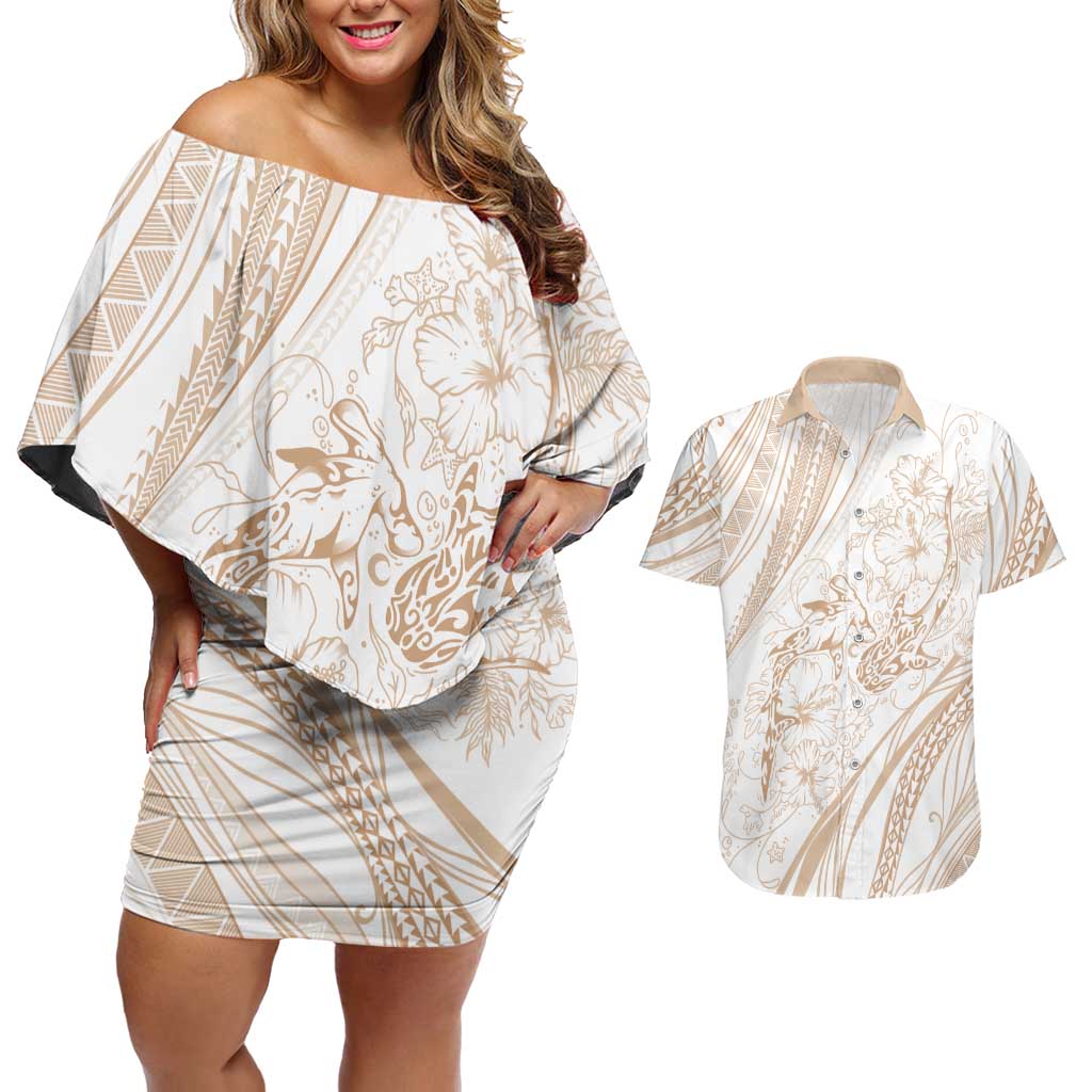 Sharks Couple Dreamy Polynesians Floral Sea Couples Matching Off Shoulder Short Dress and Hawaiian Shirt Hazel - Polynesian Pride