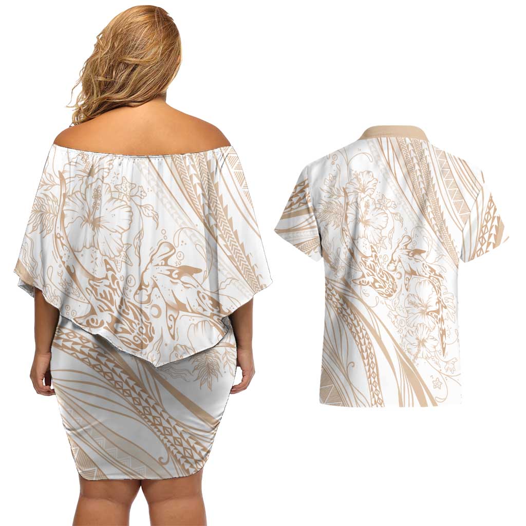 Sharks Couple Dreamy Polynesians Floral Sea Couples Matching Off Shoulder Short Dress and Hawaiian Shirt Hazel - Polynesian Pride