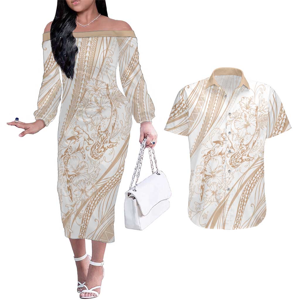 Sharks Couple Dreamy Polynesians Floral Sea Couples Matching Off The Shoulder Long Sleeve Dress and Hawaiian Shirt Hazel - Polynesian Pride