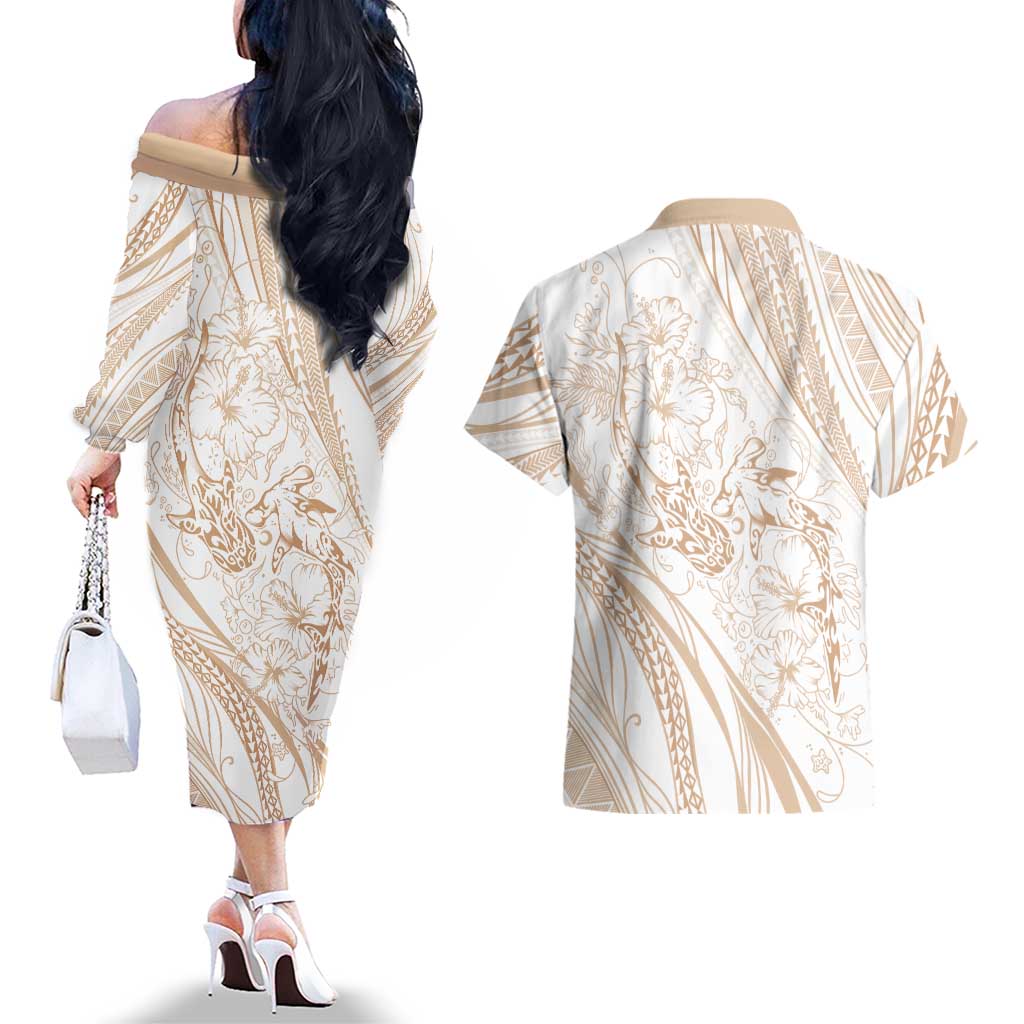 Sharks Couple Dreamy Polynesians Floral Sea Couples Matching Off The Shoulder Long Sleeve Dress and Hawaiian Shirt Hazel - Polynesian Pride